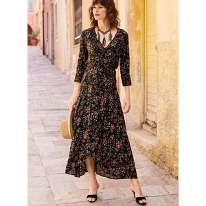 Peruvian Connection FLEUR WRAP DRESS Maxi Size 12 Black Red Floral Fall Dress